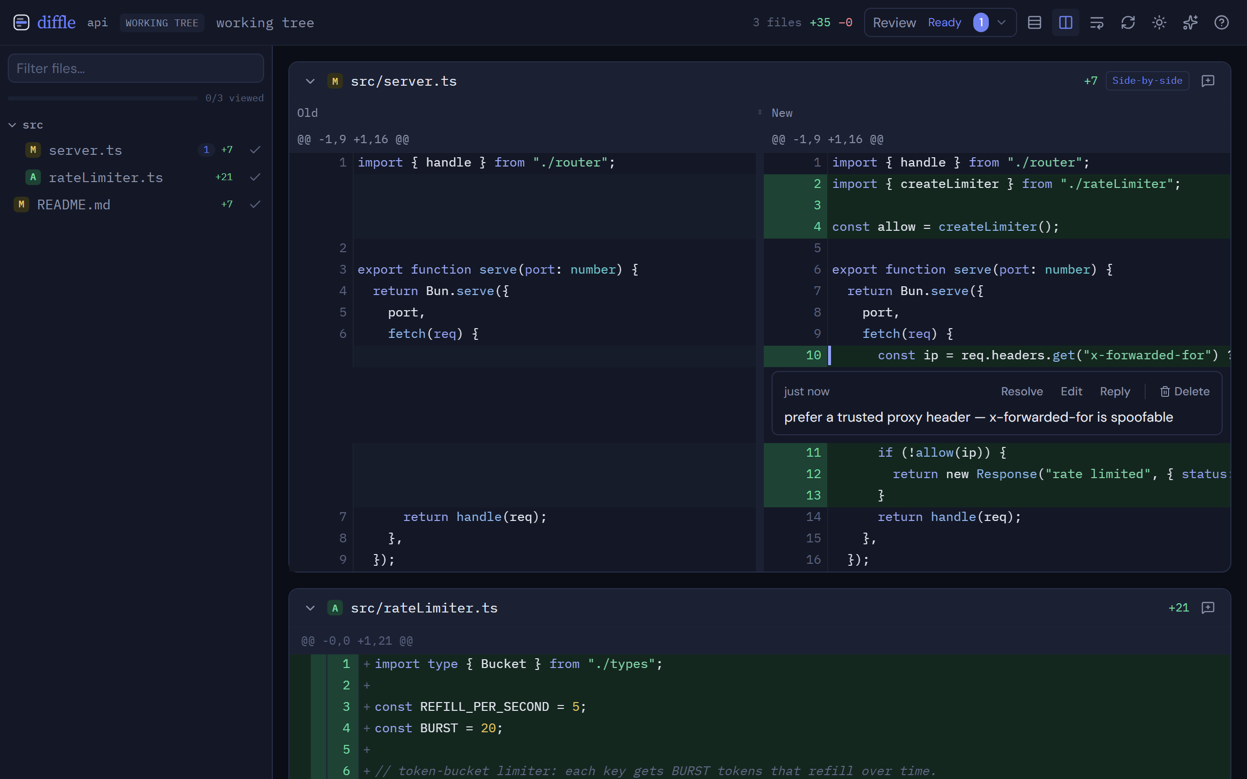 A side-by-side diff: the old file on the left, the new file on the right, with an inline comment thread